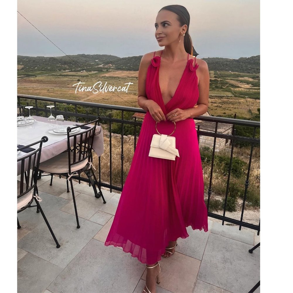 Zara Pleated Slip Midi Dress Fuchsia NWT